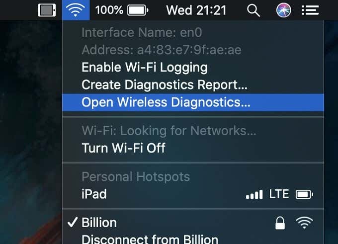 Wireless Diagnostics in Wifi menu
