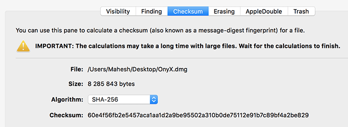 Checksum tab in OnyX