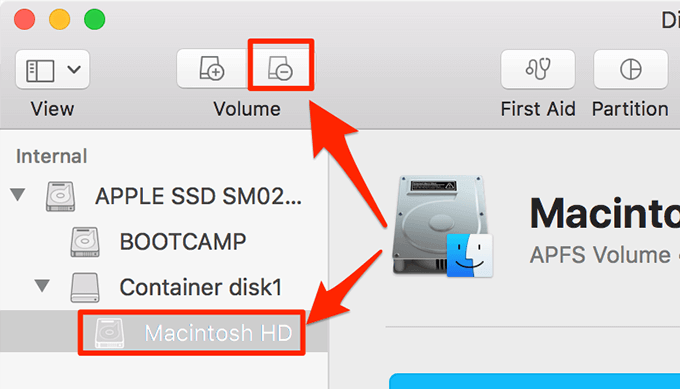 Delete volume button and Macintosh HD selected 