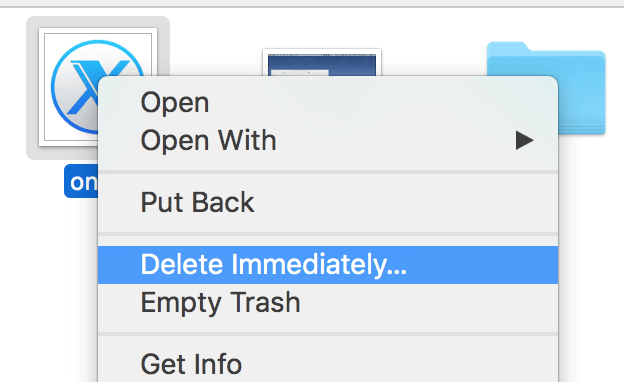 Right-click menu with Delete Immediately selected 