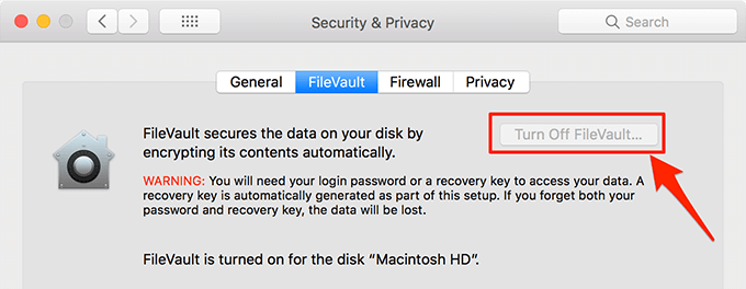 Turn Off FileVault in Security & Privacy 