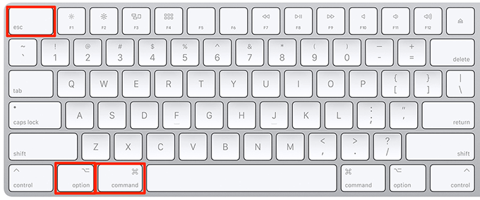 Keyboard with Esc, option, and command keys highlighted 