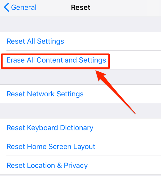 Erase All Content and Settings in Reset window 