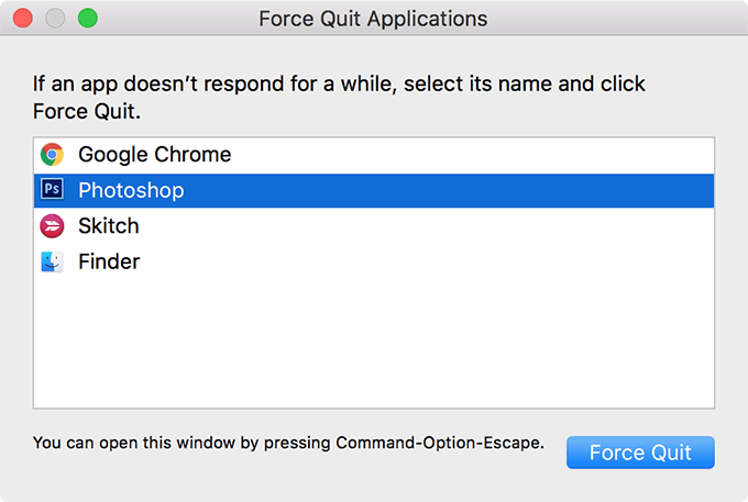 Photoshop selected in Force Quit Applications window 