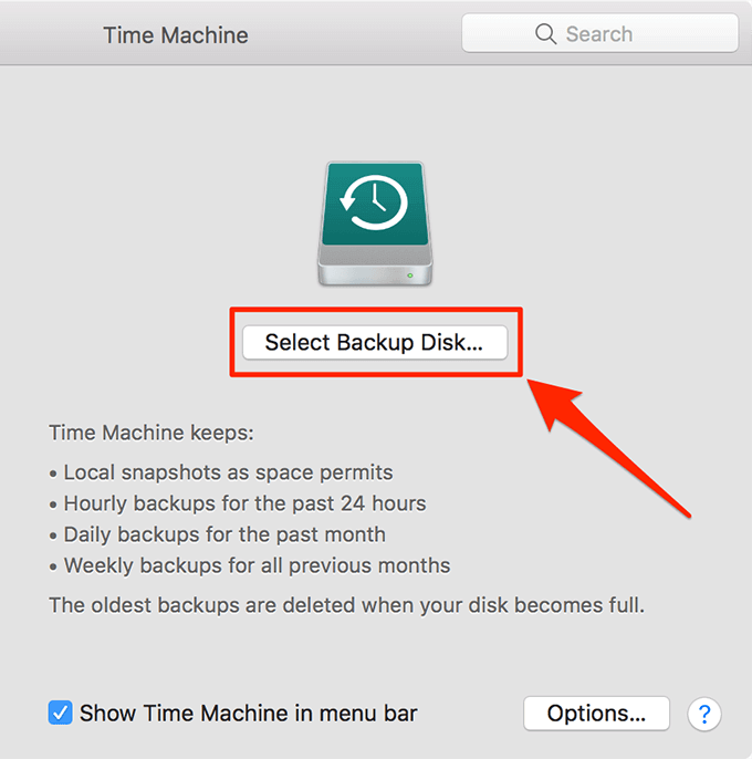 Select Backup Disk in Time Machine settings 