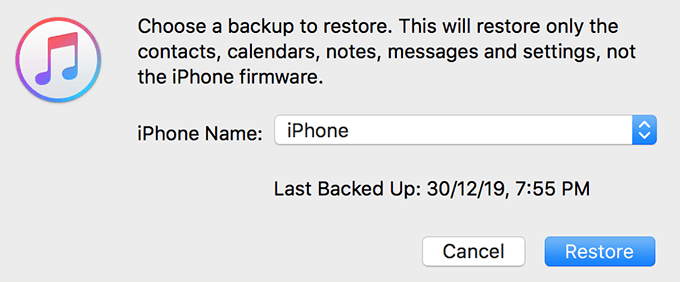 Restore iPhone backup alert