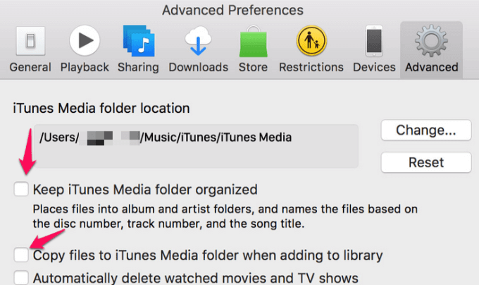 Keep iTunes Music folder organized and Copy files to iTunes Music folder when adding to library checkboxes