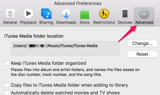 Advanced tab in iTunes 