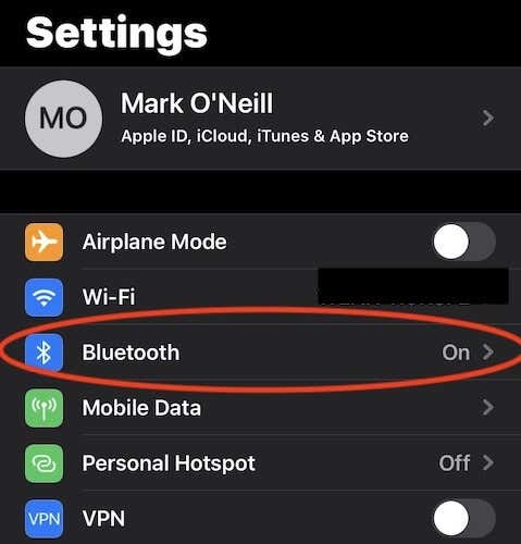 Bluetooth in Settings window on an iPhone 