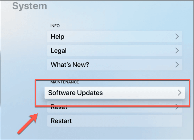 Software Updates in System menu 