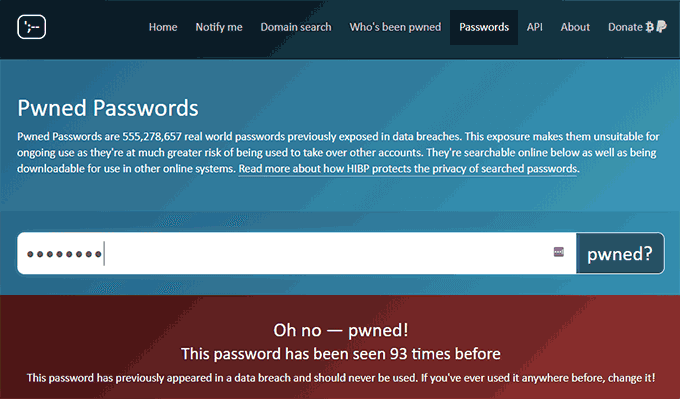 Pwned Passwords window 