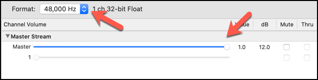 Audio sample rate and Master Stream volume slider 