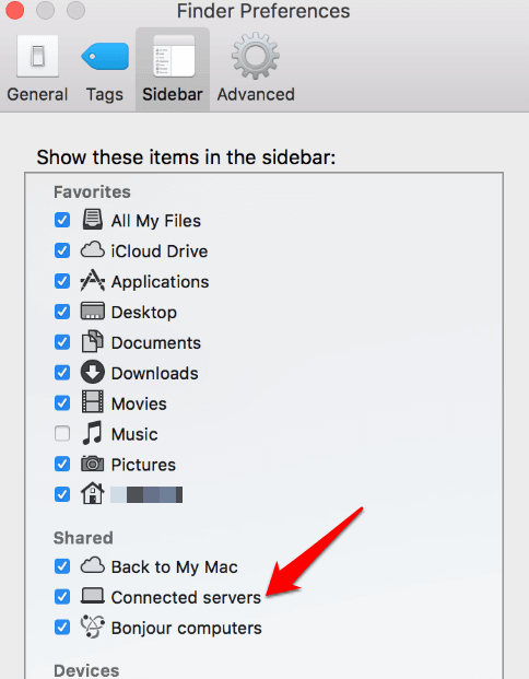 Connected servers checkbox in Finder Preferences 