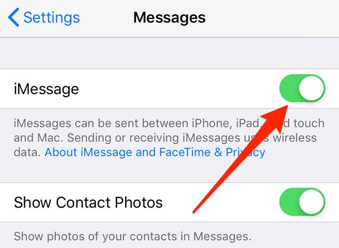 iMessage toggle in Messages menu 