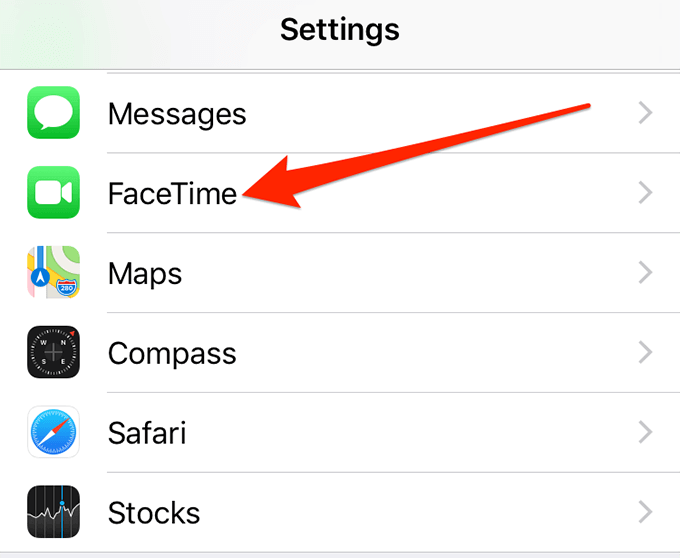 FaceTime option in Settings screen 