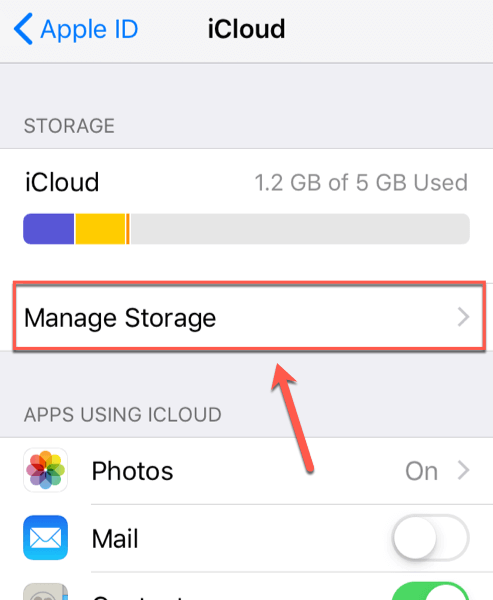 Manage Storage in iCloud tab