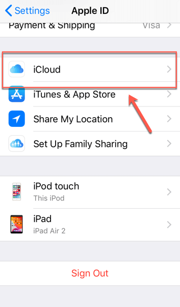 iCloud settings menu 