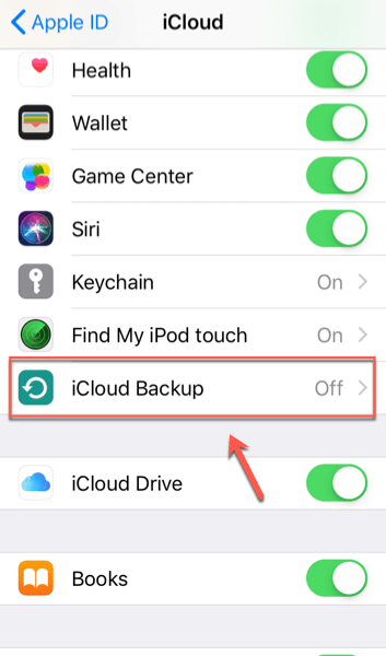 iCloud Backup settings in iCloud