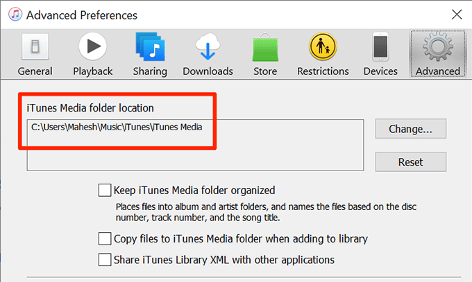 iTunes Media folder location in Advanced Preferences 