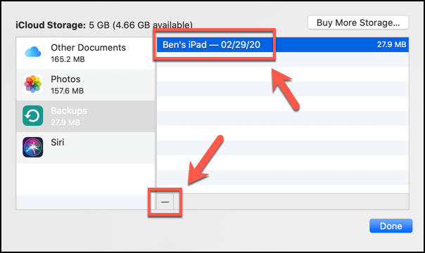 Minus button in Backups with backup selected