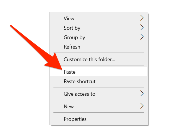 Paste option in menu 