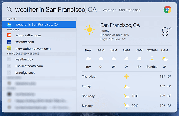 Viewing weather in Spotlight 
