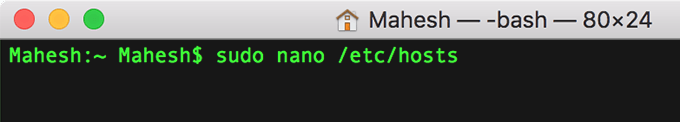 Terminal screen with command: sudo nano /etc/hosts