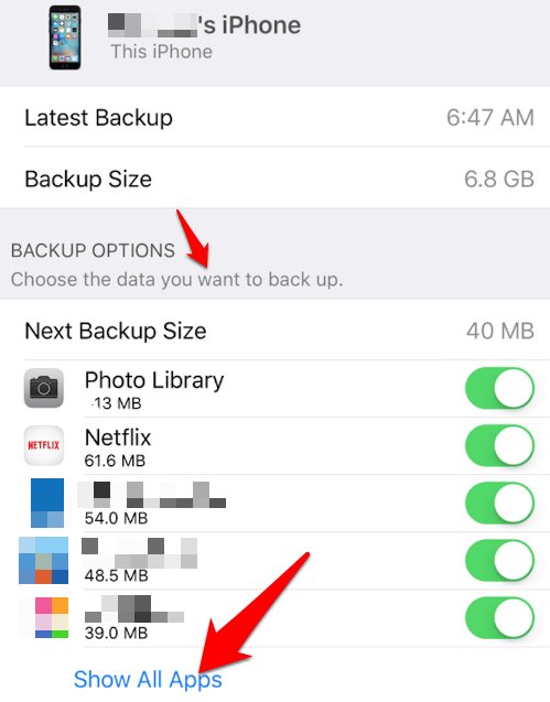 Show All Apps and Choose the data you want to back up to in Backup Options