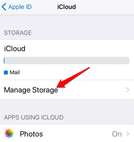 Manage Storage option. in iCloud 