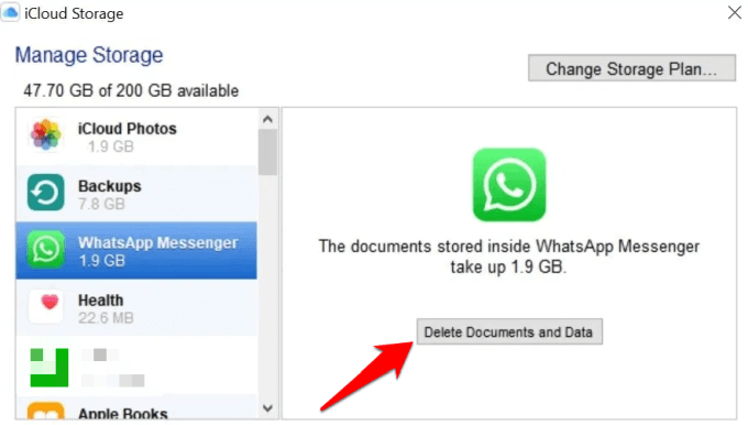 Delete Documents and Data button in Manage Storage