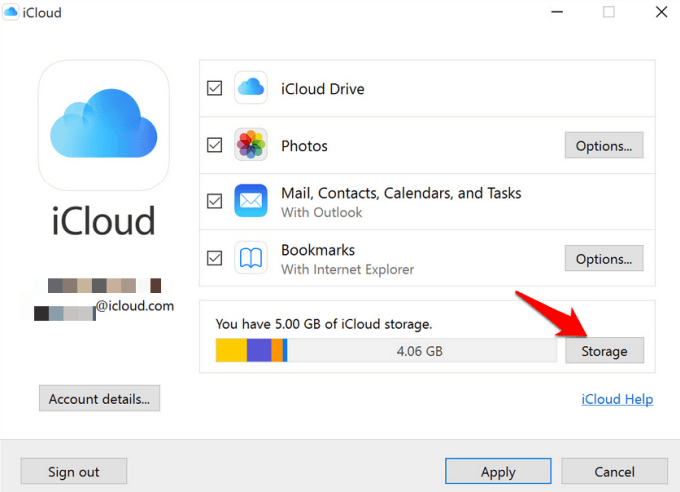 Storage button in iCloud