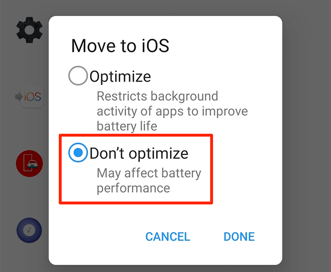 Don't optimize option in Move to iOS screen 
