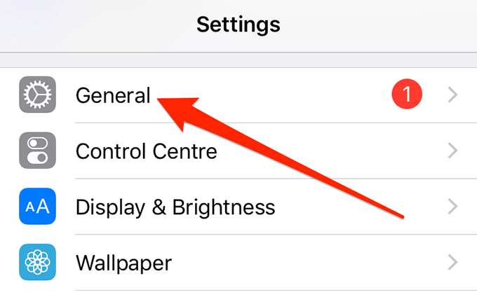General menu in Settings