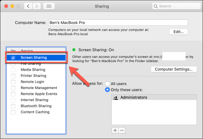 Screen Sharing checkbox in Sharing window 