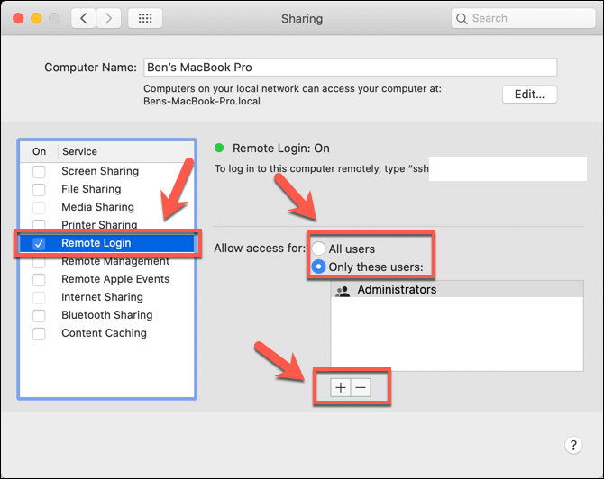 Remote Login options with Only these users and plus button highlighted