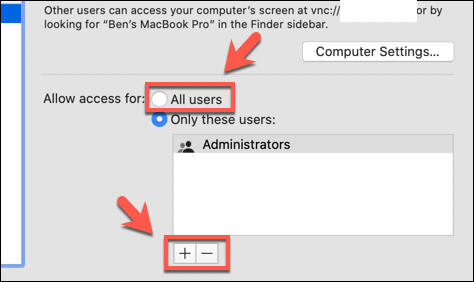 Plus button and All users highlighted in Screen Sharing