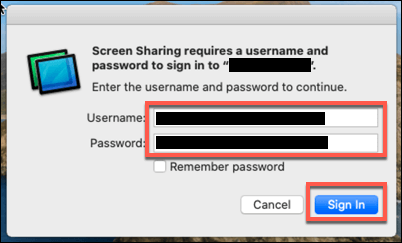 Username and Password in Screen Sharing 