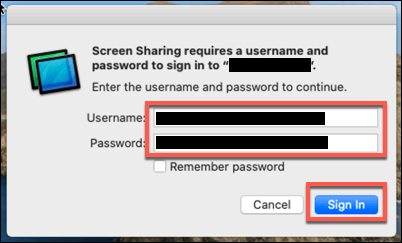 Username and Password in Screen Sharing