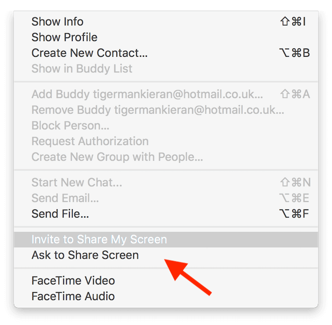 Ask to Share Screen in right-click menu 