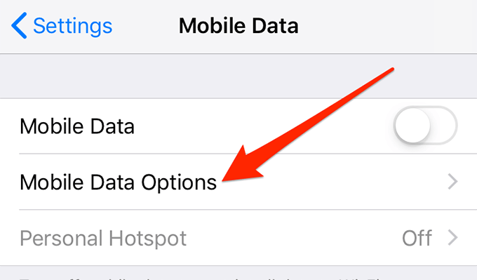 Mobile Data Options tab