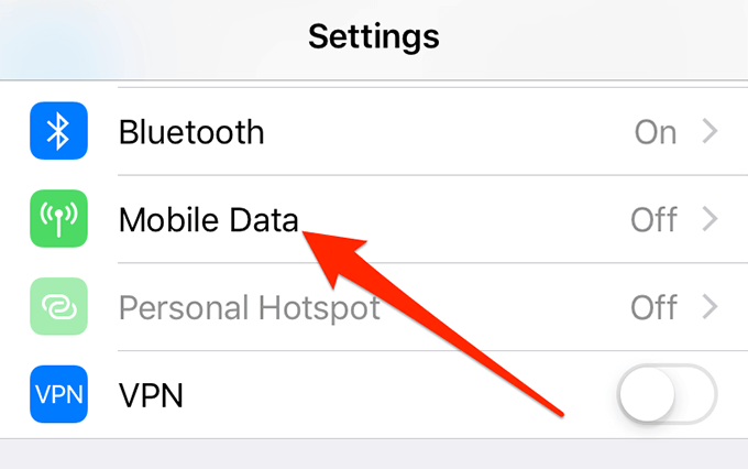 Mobile Data in Settings menu