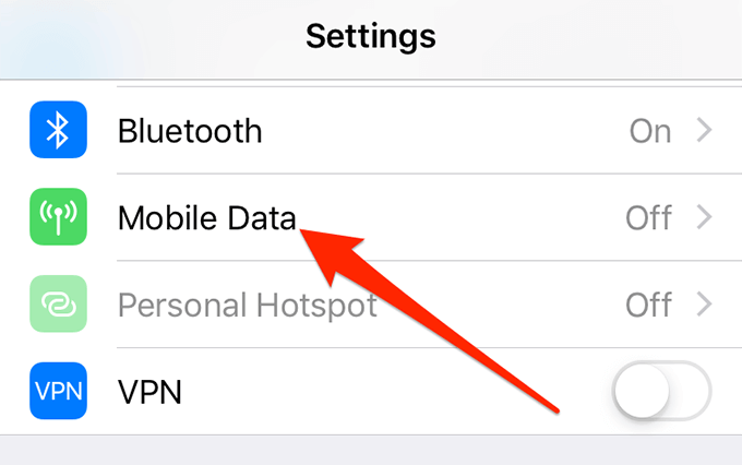 Mobile Data in Settings menu 