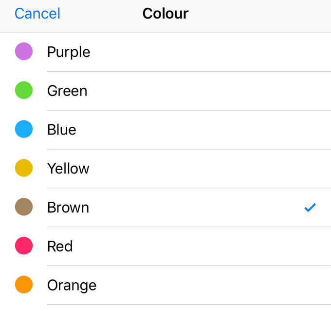 List of available colors