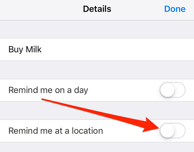 Remind me at a location toggle 