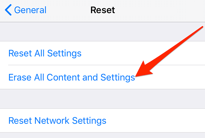 Erase All Content and Settings button 