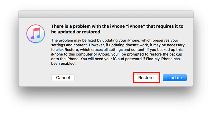 Restore button in iTunes alert window 