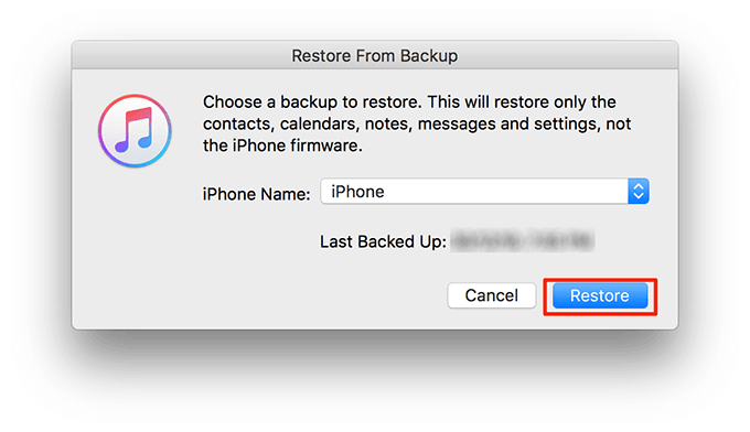 Restore form Backup popup alert