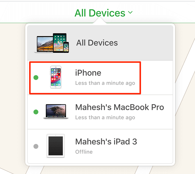 iPhone listed under All Devices 