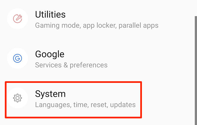 System menu on Android 