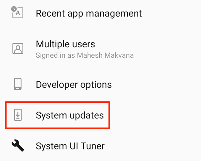 System updates button 